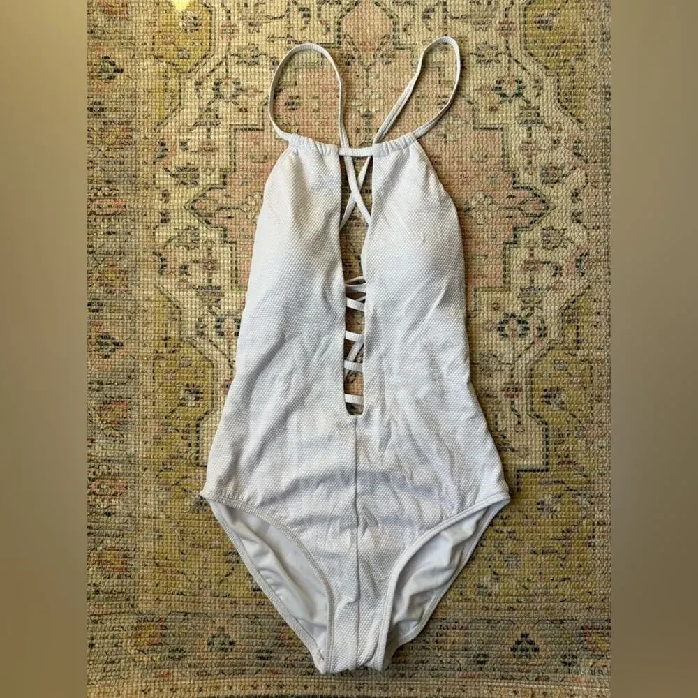 New RACHEL Rachel Roy ​Pique Lattice Cutout One Piece Swimsuit White Small